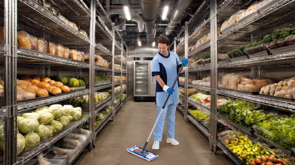 Mitarbeiterin des RWS Gebäudeservice reinigt den Boden in einem Kühlraum mit Lebensmitteln.