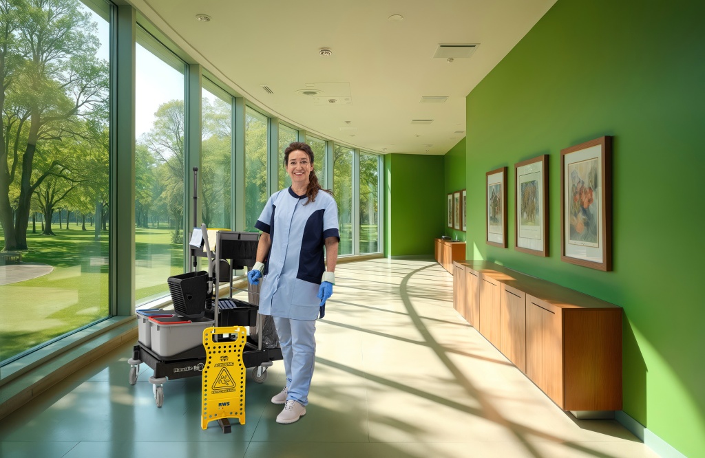 Mitarbeiterin von RWS Gebäudeservice mit Reinigungswagen im lichtdurchfluteten Flur einer Galerie mit grünen Wänden.